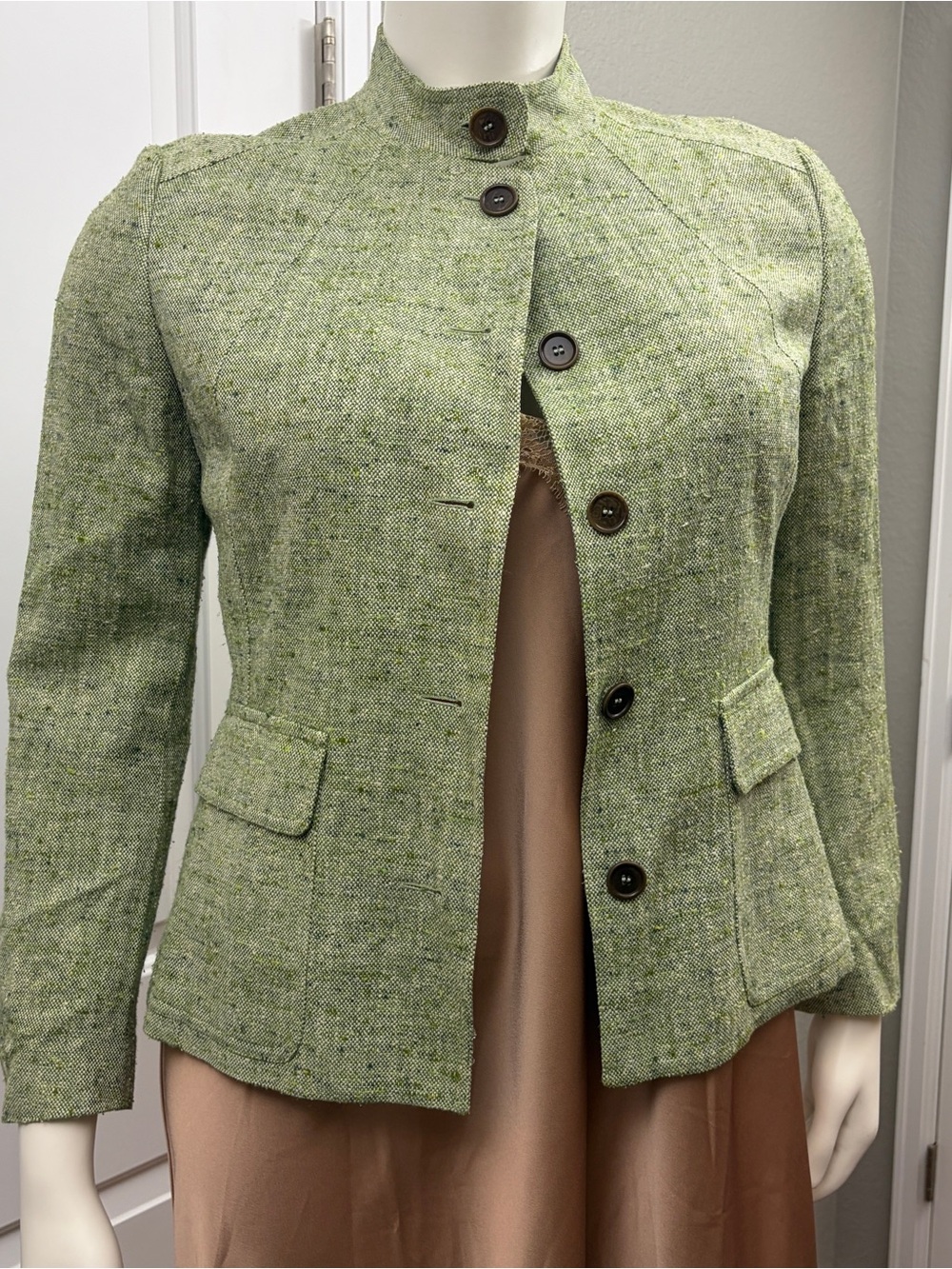 Zanella Light Green Rayon & Silk Stand-Collar Button Jacket - 14